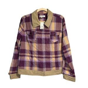 New Christopher & Banks Shacket Womens Large Purple‎ Plaid Herringbone Full Zip